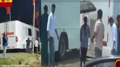 மாநாடு நடக்கும் வளாகத்திலேயே தங்கி இருக்கும் தலைவர் விஜய்    கேரவனில் இருந்து வெளியே வந்தார்… 